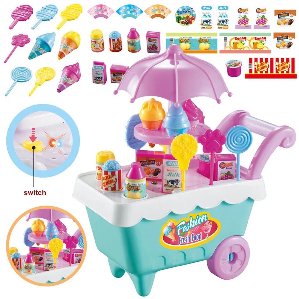 

19pcs Set Ice Cream Trolley Cart Plastic Pretend Play Food Dessert Toy For Children Kids S7JN