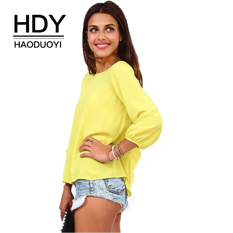 

HDY Haoduoyi 2019 New Loose Slod Back Bow Tie Chiffon Blouses Sexy Backless 3 Quarter Sleeve O Neck Tops For Female