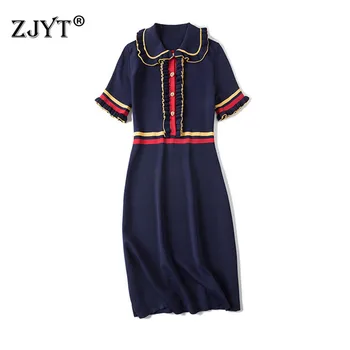 

Fashion Summer Designer Runway Dress 2019 New Women Clothes Short Sleeve Ruffles Contrast Color Knitted Sweater Dress robe femme
