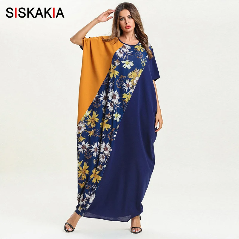 

Siskakia Women Floral Long Dress Plus Size O-Neck Bat Sleeve Elegant Maxi Dresses Muslim Color Block Causal Activity Summer 2019