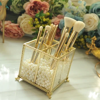 

retro Glass box makeup brushes holder pencil bucket makeup organizer pen storage box transparent barrel pen holder cake tools
