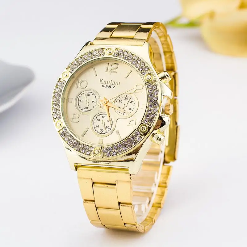 

New Brand Luxury Stainless Steel Crystal Quartz Watch Fashion Casual Gold Women Watches Analog 3 Eyes Geneva wristwatch relogio