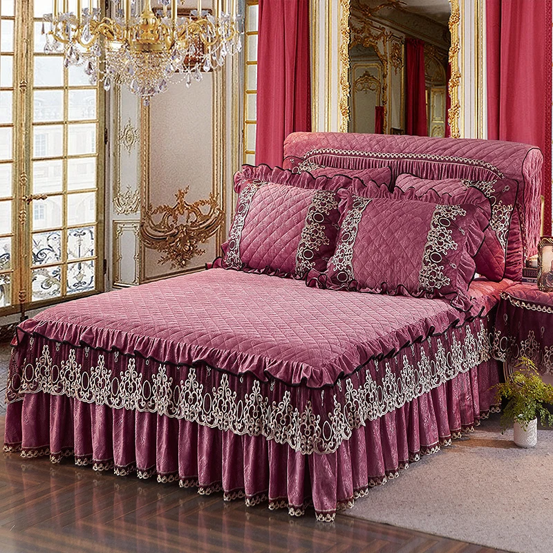 Thick fleece Warm Bedskirt Bed cover Bed spread Pink Blue king/queen