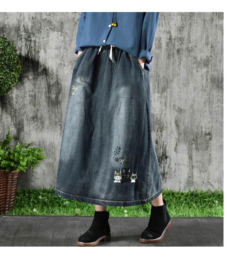 Осень национальный стиль искусство Вышивка юбка шнурок дикая тонкая трапециевидная юбка длинная секция джинсовая юбка