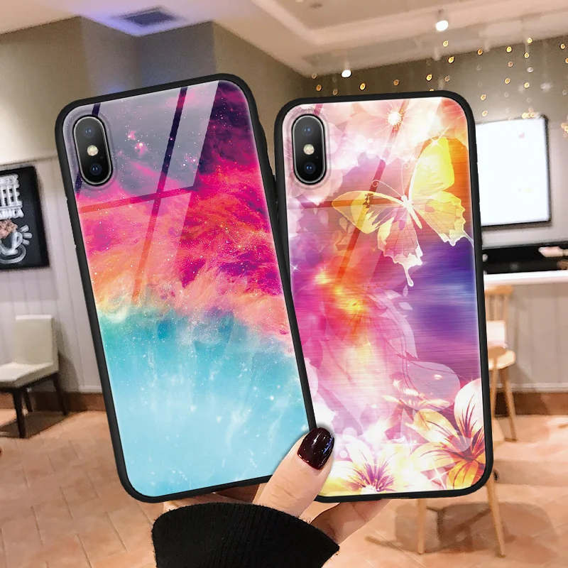 Роскошный чехол из закаленного стекла TPU для Fundas iPhone 11 Pro X XR XS Max 3D принт Космос Coque для iPhone 6 6S 7 8 Plus 10 чехол для телефона