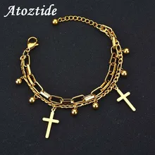 Atoztide очаровательные двухслойные Крест Браслеты для женщин из нержавеющей стали регулируемый Золотой Серебряный круглая цепочка браслеты с бусинами