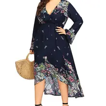 Women Plus Size Spring Autumn Floral Printing Asymmetrical Hem Flare Long Sleeve V-neck Tunic Maxi Dress L-5XL Women Plus Size Spring Autumn Floral Printing Asymmetrical Hem Flare Long Sleeve V-neck Tunic Maxi Dress L-5XL