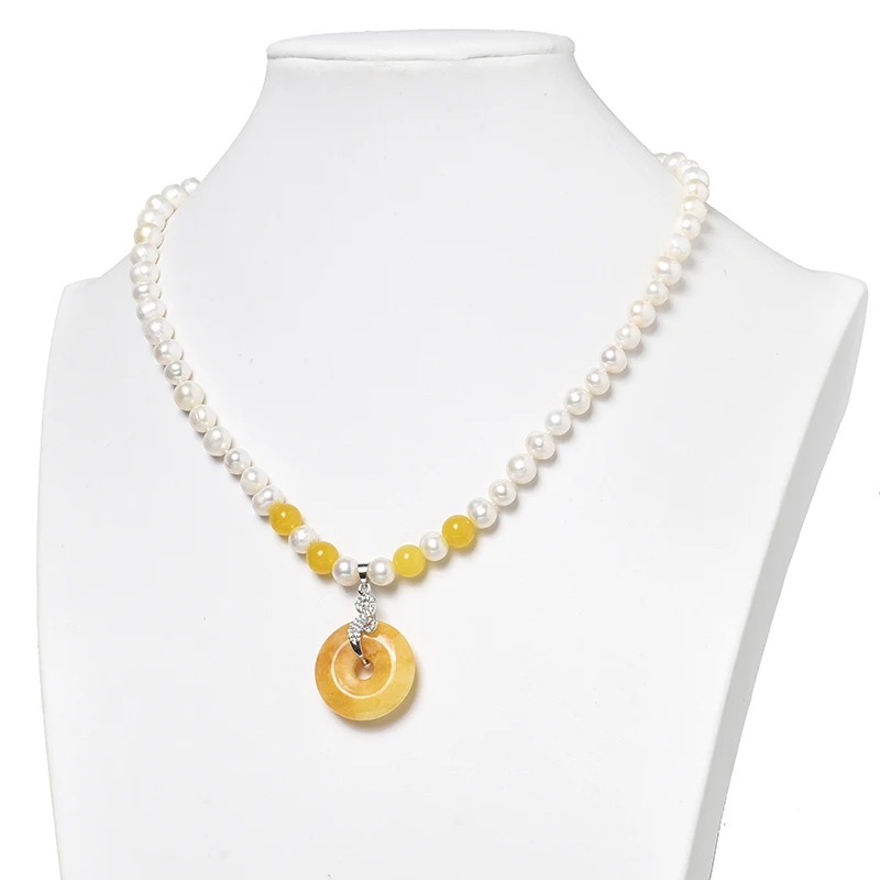 

Pretty White Pearls with Luster Orange 25*6mm Yellow Pendant 8-9mm freshwater Natural Pearls Diy Necklace 18inch Wholesale H515