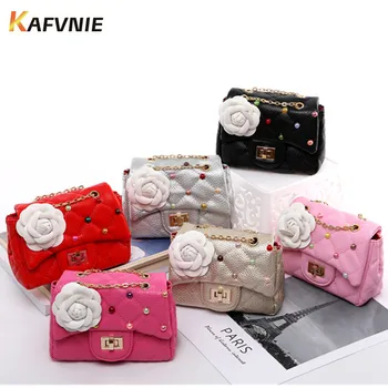 

KAFVNIE 2018 Children Princess Bag Flower Women Bag Mobile Phone Handbag PU Color Pearl Chain Bucket Kid Flap Party Purse Bag