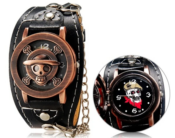 

2017 Hot Brand Anime One Piece Punk Style&Punk Style Unisex Skull PrintUnisex Round Analog Flip Watch with Faux Leather Strap