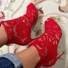Красный/белый peep toe sexy кружева цветочные ботильоны для женщин туфли на высоких каблуках назад молния весна лето короткие сапоги пинетки