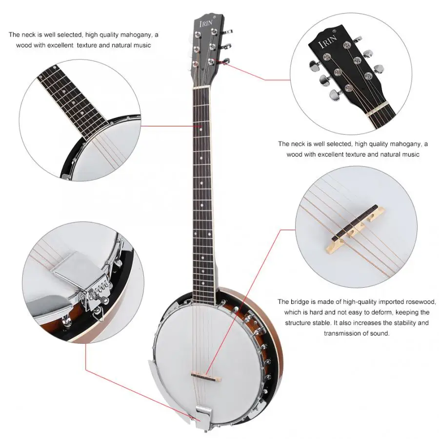 

6 String Banji Instrument Sapele PVC Surface Banjo With Ethereal Sound For Banjo Player Guitar Accessories