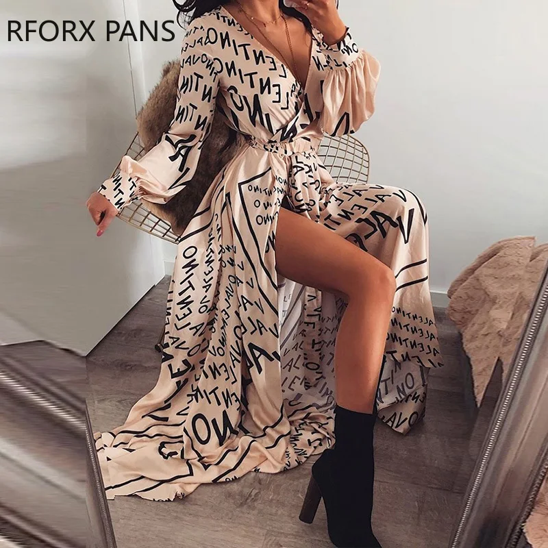 

Letter Print V-Neck Thigh Slit Maxi Dress Women Dress