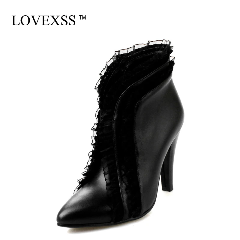 

LOVEXSS Woman Pointed Toe Ankle Boots Autumn Winter 10 CM High Heeled Shoes Fashion Ruffles Lace Genuine Leather Work Boots 2017