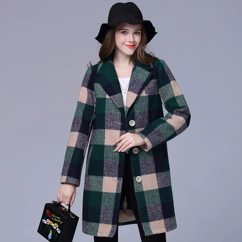 2016 plus size women plaid woollen coat fashion design mixed wool
