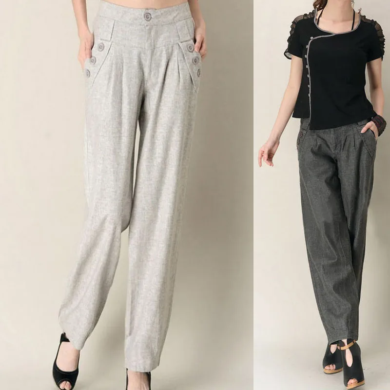 free shipping spring autumn summer women s fluid casual pants linen plus size loose quinquagenarian straight