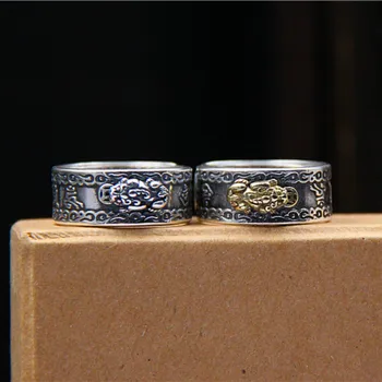 

Solid 925 Silver Ring Men Vintage Heart Sutra Brave Troops Pixiu Rings for Male Women Mens Sterling Silver Jewelry