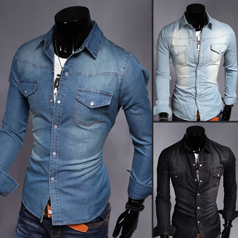 

Size M-5XL 2019 Mens Fashion Boutique Business Cowboy Long Sleeve Shirts Male Premium Brand Pure Color Slim Casual Denim Shirts