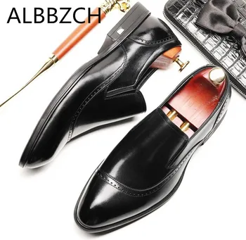 

New genuine leather men shoes casual fashion loafers pointed toe business leisure party shoes men's slip-on formal dress shoes