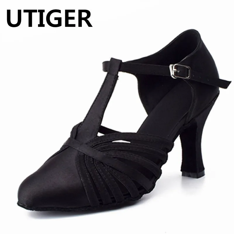 Zwart Satijn Latin Dansschoenen Vrouwen Salsa Dansen Schoenen Hoge Hak