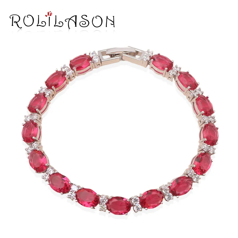 

ROLILASON Rose red zircon crystal silver bracelets dinner party items Health Fashion jewelry TB459