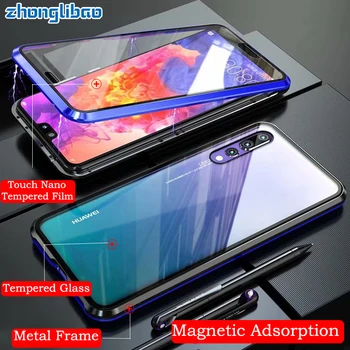 

Built-in Magnetic Adsorption Metal Case for Huawei P20 Pro P20 Luxury 360 Full Cover Front Back Double Glass Protector Etui