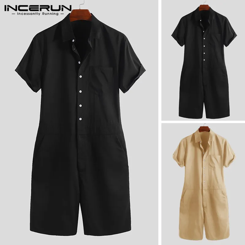 INCERUN Мужская однотонная Уличная Повседневная мужская рубашка с отворотом и коротким рукавом рабочие летние комбинезоны для уличных мужчин Новые комбинезоны