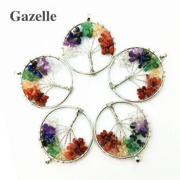 

Gazelle Hot Multicolor Life Tree Natural Stone Pendant 7 Chakras Amethysts Crystals Green Aventurines Choker For Women 10PCS
