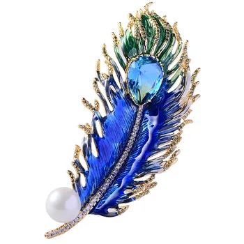 

High Quality Crystals Cubic Zircon Enamel Feather Brooch Pin Pendant Women Jewelry XR04807