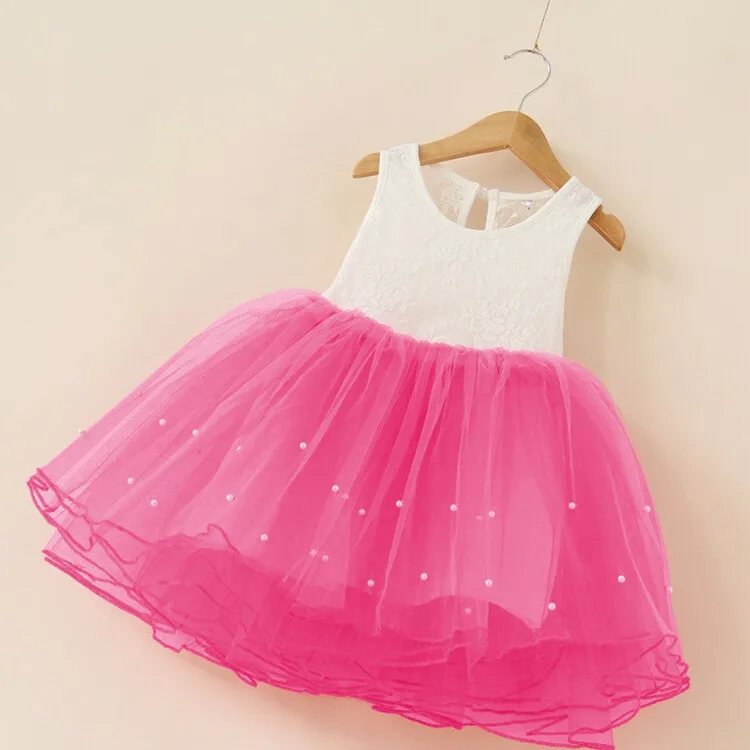 Patchwork Cute Baby Girl Dress Clothes Lace Vest Pearls Kids Dresses for Girls Clothing Holiday Wear Vestido Infantil Baby Pink - Цвет: Hot pink