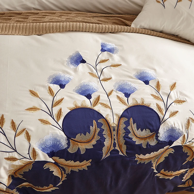 Белый синий вышитый Комплект постельного белья из египетского хлопка, шелковистый Роскошный Королевский Комплект постельного белья, пододеяльник, простыня, комплект из 4 предметов, размер King queen