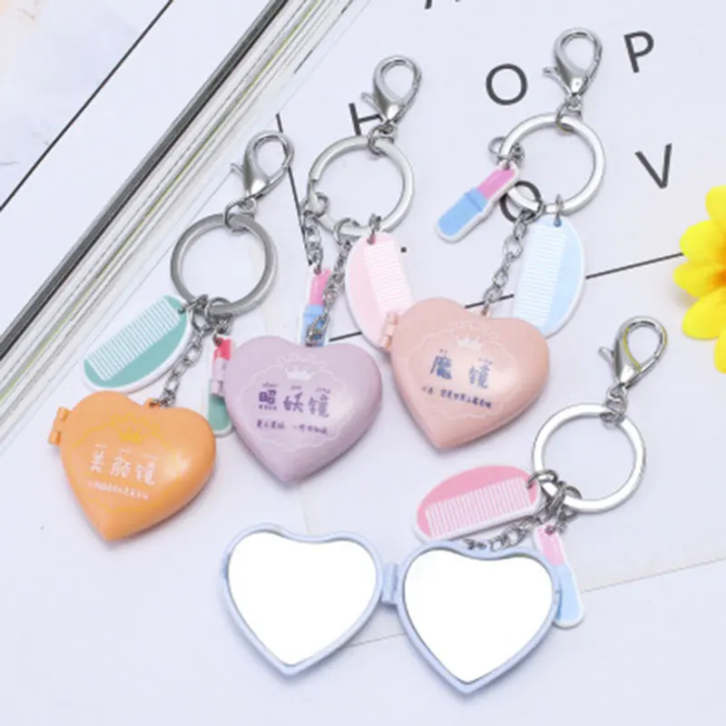 Portable Metal Keychain Makeup Mirror Heart Shape Mini Mirror With Comb