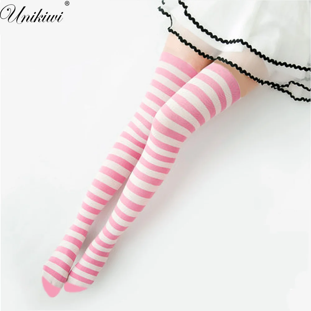 

9 Colors Women's Hosiery Stay Up Candy Color Stripe Thigh High Stockings Over Knee Hose.Lolita Cute Soft Hold Ups Pantyhose