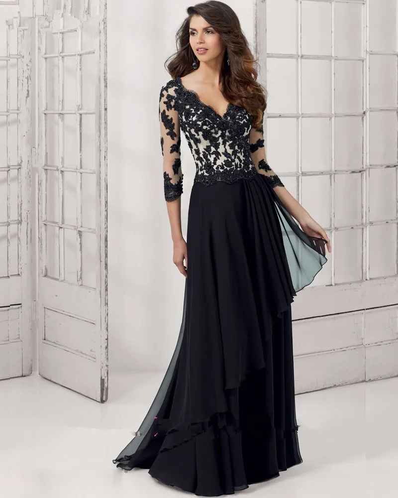 Black-2016-Mother-Of-The-Bride-Dresses-A-line-V-neck-Half-Sleeves-Lace-Beaded-Long