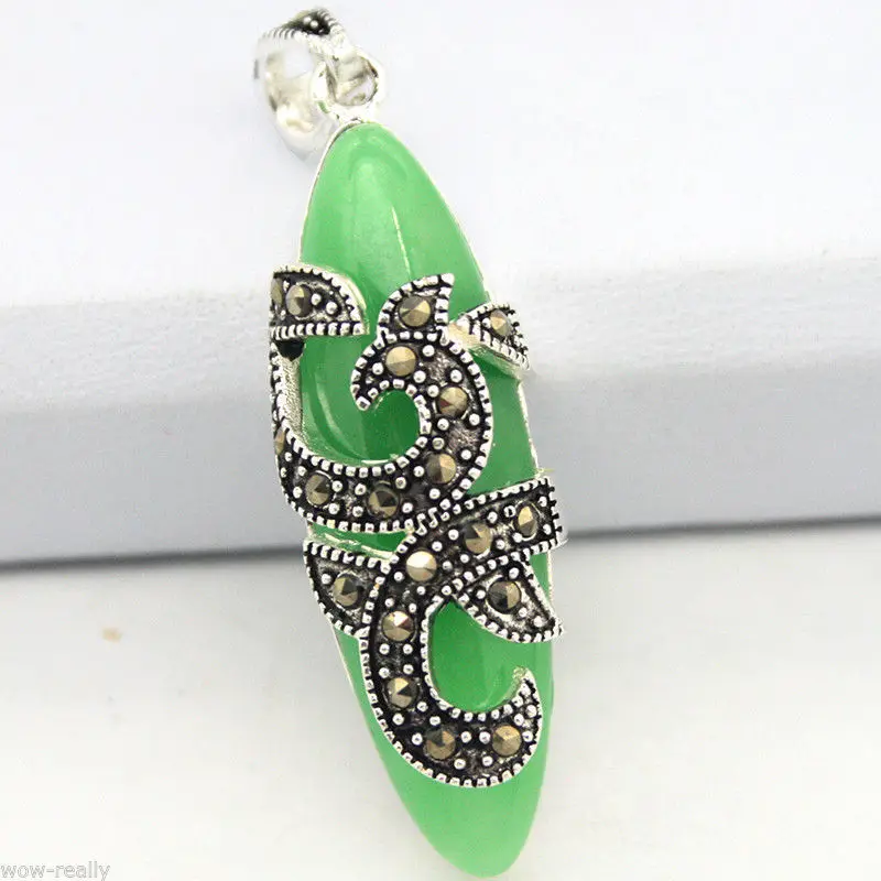 

Fashion 45X12mm Green Stone Marcasite 925 Sterling Silver Necklace Pendant