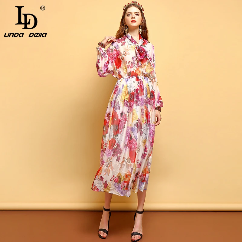 

LD LINDA DELLA Fashion Summer Vintage Dress Women's Long Sleeve Bow Tie Draped Floral Printed Mesh Overlay Elegant Midi Dresses