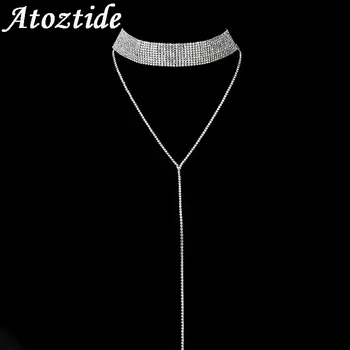 

Atoztide Fashion 8 Rows Line Clear Crystal Choker Necklaces For Women Luxury Rhinestone Tassel Long Clavicle Chain Statement