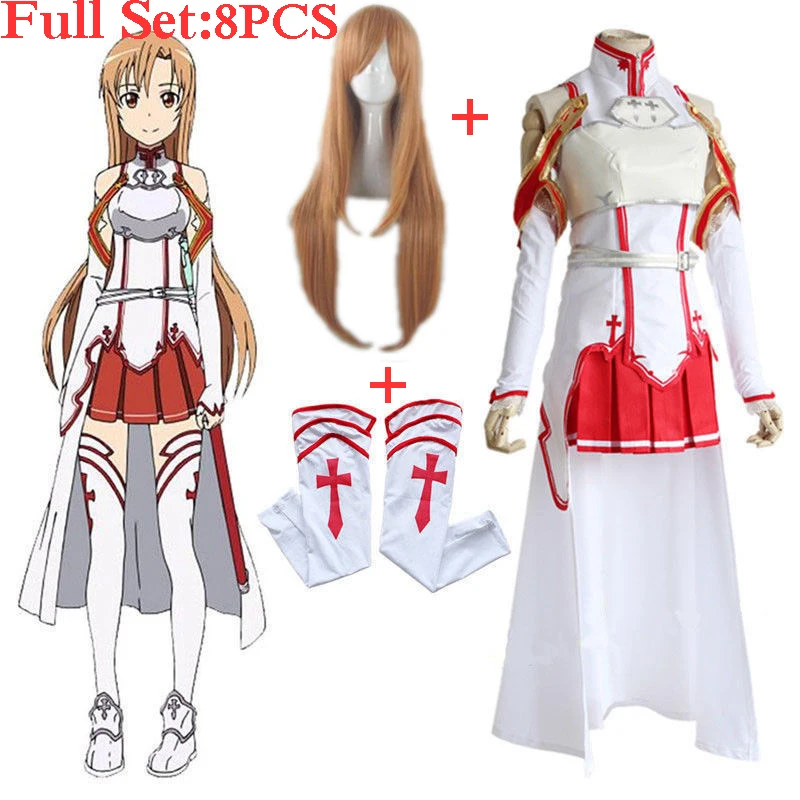 Günstige Anime Schwert Art Online Asuna Yuuki Kleid Cosplay Kostüme Uniform für Halloween SAO Asuna Schlacht Anzug Outfits Vollen Satz mit perücke