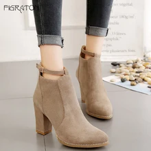 

Figraton Women's Shoes Ankle Boots Autumn Winter Elegant Flock Solid Color Zipper Basic Round Toe Buckle Square High Heels