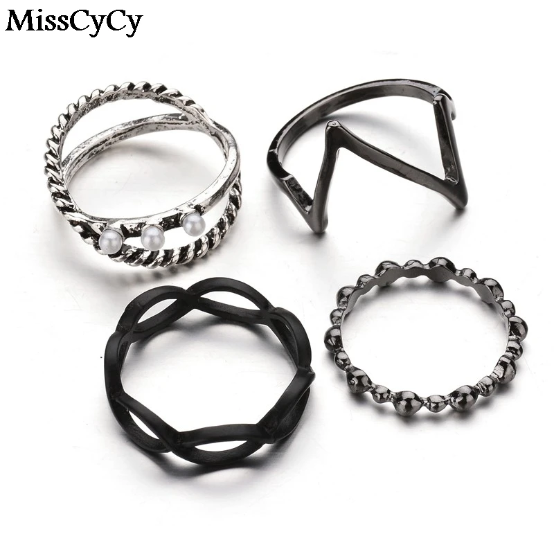

MissCyCy 4Pcs Metal ECG Shape Rings For Women 2016 New Arrival Vintage Imitation Pearl Female Ring Set