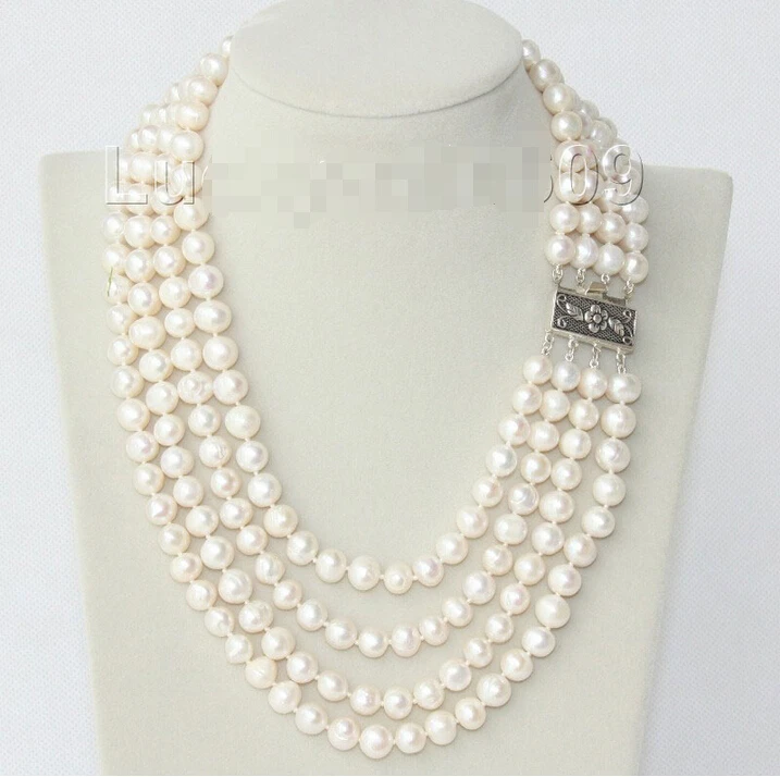 

FREE shipping>>>> Genuine 16" 4 Strand 9mm white FW pearls necklace 925 silver clasp e1850 6.07