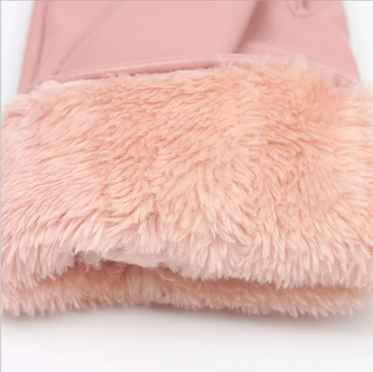 Новое поступление женские зимние теплые модные розовые перчатки из искусственной кожи с бантом
