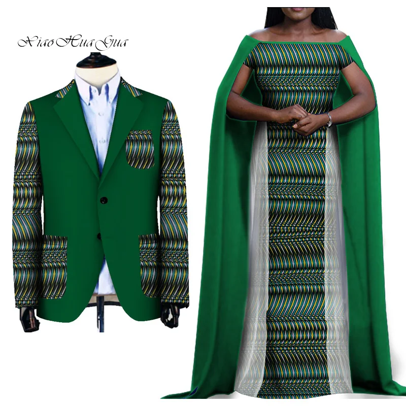 Комплект из двух предметов, африканская одежда для влюбленных с принтом Дашики, Мужской Блейзер и женские вечерние свадебные платья, большие размеры, WYQ270 - Color: 9
