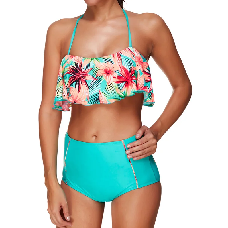 High Waist Bikini Ruffle Women Swim Bathing Suit Off Shoulder Swimwear Push Up Swimsuit Green White Beachwear Bikinis 2019 Mujer