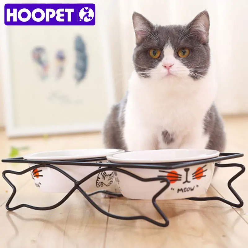 HOOPET Pet Dog Cat Lovely Food Water Ceramic Bowl Two Bowls with Steel Frame