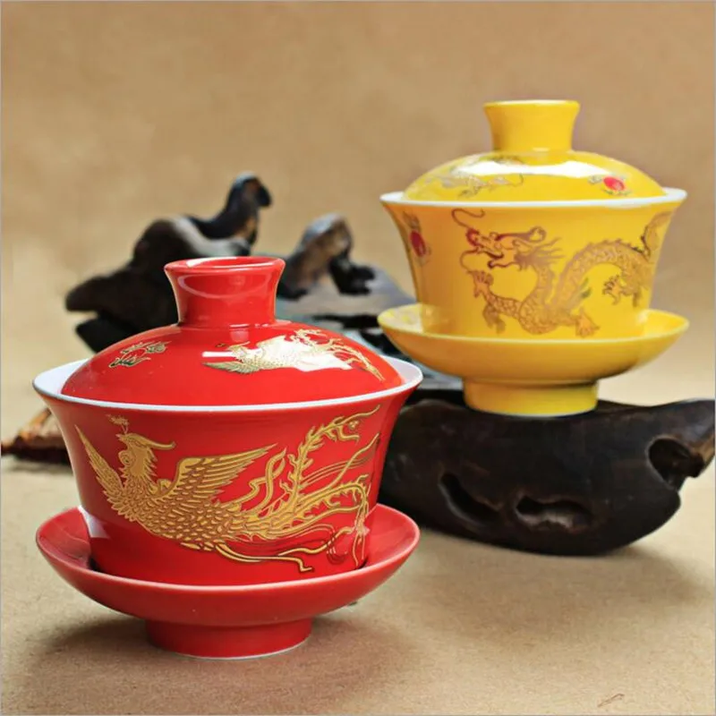 

300ml large capacity Chinese Traditional Marry Wedding Tea Bowl,Ceramic Teapot Dragon and Phoenix Kungfu Teacup