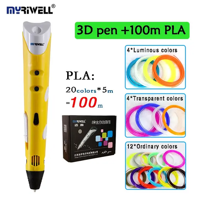 Cheap Original Myriwell 3D pen RP-100A with 20 colors 100 meters PLA luminous filament kids creative diy drawing pen 3D printing pen 