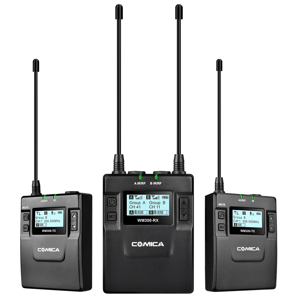 

Original CoMica CVM-WM300 UHF 96-Channel Rechargeable Wireless Microphone Receiver + Dual Lavalier Mic Transmitters System