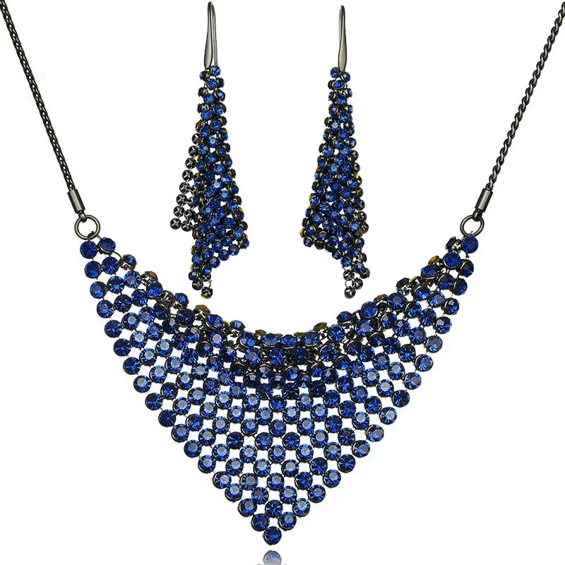 

2P Fashion Retro Multilayer winding big Triangle blue crystal long earrings necklace Jewelry Set for women personality jewelry