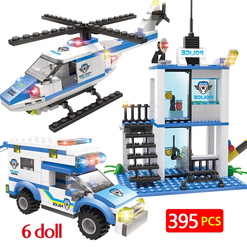  395PCS Building Blocks Military Police Station Helicopter Car Model Compatible City Swat Police DIY